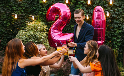 happy woman with balloons